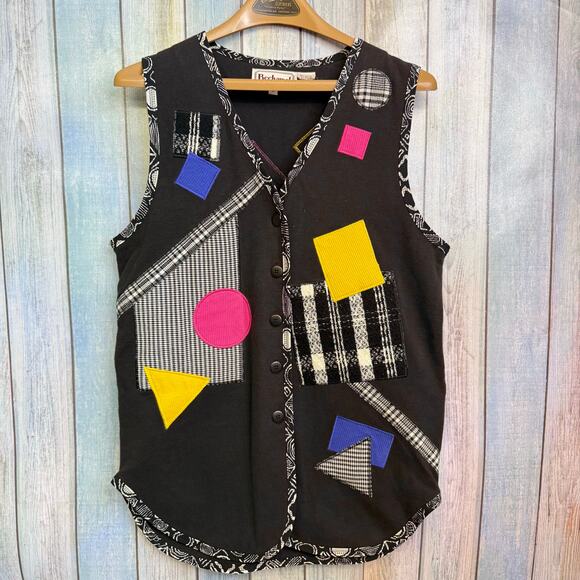 Vintage 90’s Vest Neon Retro Cotton Small Bechamel Patchwork Geometric Shapes - Picture 4 of 9